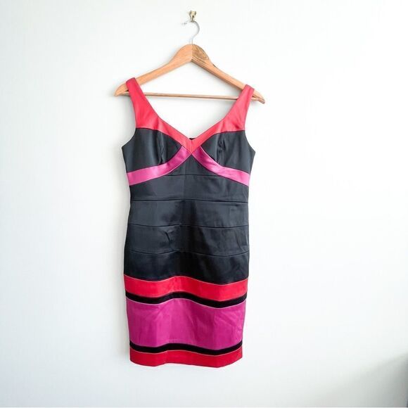 Laura Petite Fitted Dress Bodycon Black Red Pink Satin Sleeveless Sheath Size 6 - Picture 2 of 13
